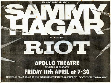 <P>Advert for Sammy Hagar and Riot gig on Friday the 11th April 1980.</P>